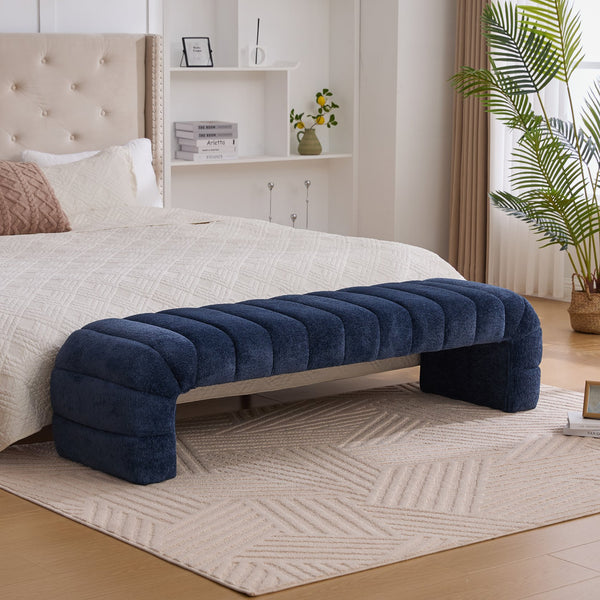 English Elm 69.7"Wide Modern Upholstered Armless Bed Bench with Channel Tufting, Chenille Sofa Daybed for Living Room Navy W3098P308773