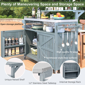 English Elm K&K 53.3" Outdoor Kitchen Island with 1.2" Stainless Top, Spacious Storage, Raised Shelf, Wheels Grey+Blue N707P250628G