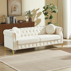 English Elm 82-inch Velvet Chesterfield Sofa Tufted Button Back with Copper Studs and Gold Metal Legs Beige W834S00617