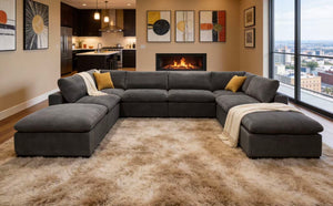 English Elm Coffee Bean Textured Upholstery Modular Sectional Low Profile Sofa with Toss Pillows Light Gray B2748S00071