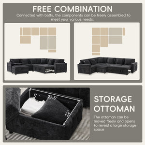 English Elm 117*90'' Modular Sectional Sofa Bed with Flip-Up Table, Reading Lamps, Charging Ports, Ottoman Storage, Tufted Chenille Elegance Black N723S9798B