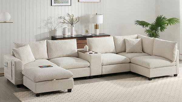 English Elm 140'' Oversized Modular Sectional Sofa with Movable Storage Ottoman, USB Charger, Console, 6-Seater U-Shaped Corduroy Beige N723S0166A