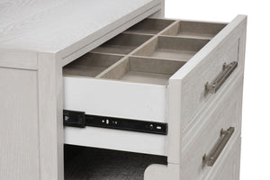 English Elm Bedside Vanity Set with LED Mirror, Jewelry Storage, Charging Ports, Felt Lined Tray, Stool Storage White 34 L x 22 W x 39 H B2741P380817