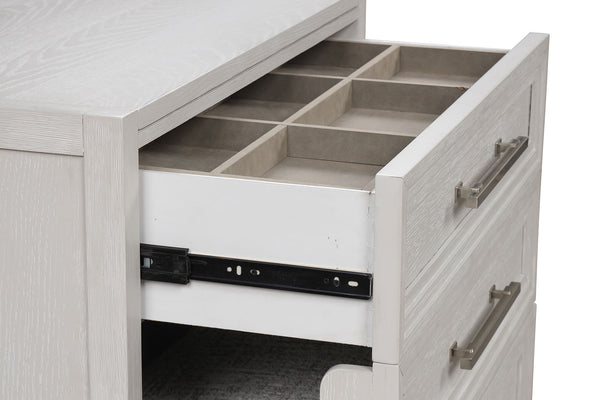 English Elm Bedside Vanity Set with LED Mirror, Jewelry Storage, Charging Ports, Felt Lined Tray, Stool Storage White 34 L x 22 W x 39 H B2741P380817