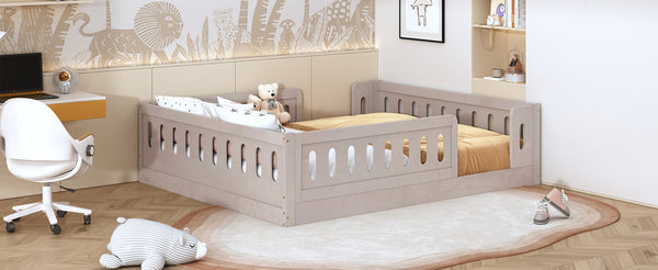 English Elm Wood Full Size Kids Platform Bed Solid Pine Guardrail Low Profile Safe Sleep Frame Natural N709P321458N