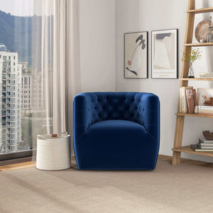 English Elm Ashcroft Furniture - Delaney Tufted Velvet Swivel Chair with Solid Wood Legs, Ergonomic Angled Back and Foam Support Blue B183P281227