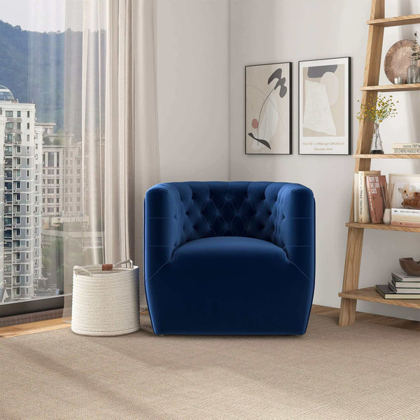 English Elm Ashcroft Furniture - Delaney Tufted Velvet Swivel Chair with Solid Wood Legs, Ergonomic Angled Back and Foam Support Blue B183P281227