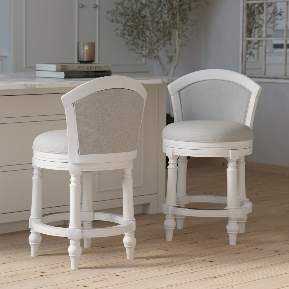 English Elm 26" Farmhouse Barrel Back Swivel Counterstool Upholstered Wood Frame Kitchen Island Seating White B2751P436470