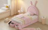 English Elm Twin Size Upholstered Rabbit-Shape Bed With 2 Storage Stools, Velvet Platform Bed With Cartoon Ears Shaped Headboard, Pink