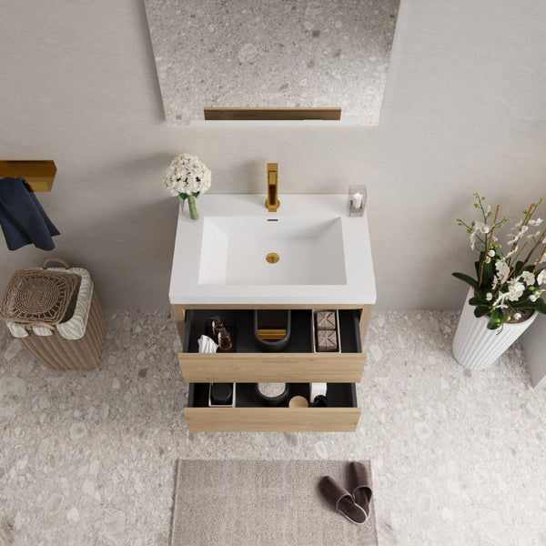 English Elm 30'' Wall Mounted Bathroom Vanity Smoked Walnut Fluted Cabinet Matte Black Basin Oak W1920P385568