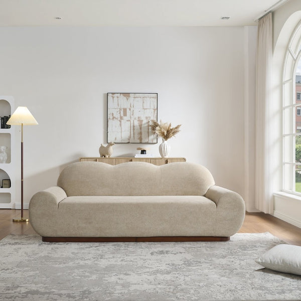 English Elm 88 In. Curved Cloud Sofa Chenille Upholstered 3 Seat Living Room Couch Walnut Legs Camel N773IS00095N