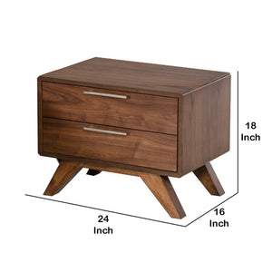 English Elm 2 Drawer Mid-century Wooden Nightstand with Angled Legs and Metal Bar Pulls B056P416783
