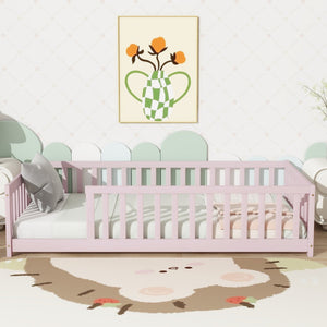 English Elm Twin Solid Rubberwood Floor Bed with Full Perimeter Safety Rails for Toddler Rooms Pink W504P296798
