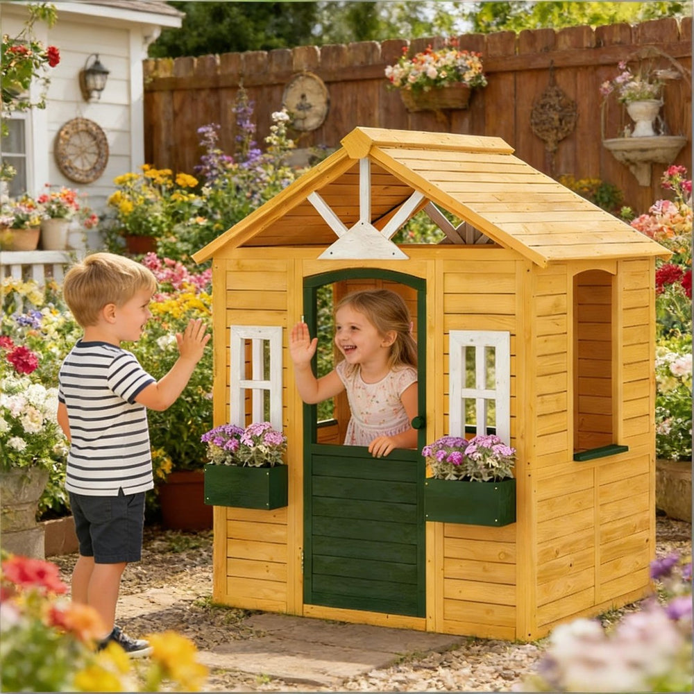 English Elm Creative Fir Wood Kids Outdoor Playhouse Cottage with Flower Boxes and Windows T3971P491797