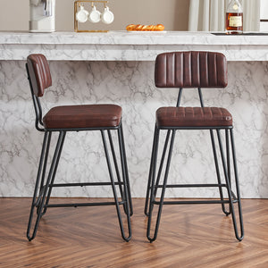 English Elm Industrial Bar Stools Set of 2 — Counter Height PU Leather Seats, Sturdy Metal Frame, Ergonomic Backrest and Footrest for Kitchen Island and Home Bar Brown W1901P264279