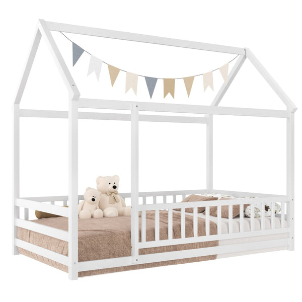 English Elm Twin Pine House Frame Floor Bed with Peaked Roof and Fence Guardrails for Kids White W1858P389938