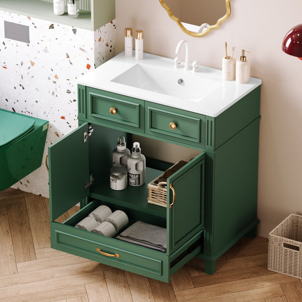 English Elm 30'' Bathroom Vanity with Sink - Retro Solid Wood Frame, Ceramic Basin, Soft-Close Doors & Ample Storage Green N710P190656F