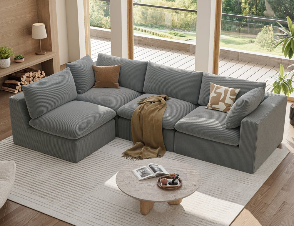 English Elm Modular L Shaped Sectional Sofa in Corduroy Fabric Seats Four with Chaise Lounge Grey W1955S00004