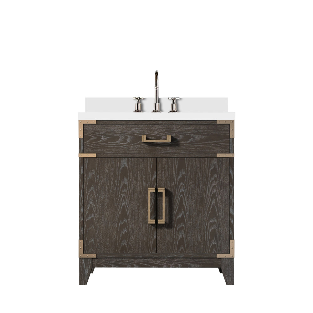 English Elm Brown Oak Single Bath Vanity With White Quartz Top, Chrome Faucet & Smart Storage Solution B2731P259760