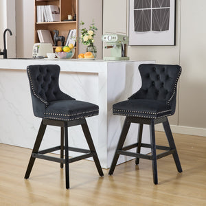 English Elm Swivel Velvet Barstool with Tufted Back, 360° Swivel, Plush Foam & Steel Spring Seat, Sturdy Wood Frame (Set of 2) Black W1143P241332