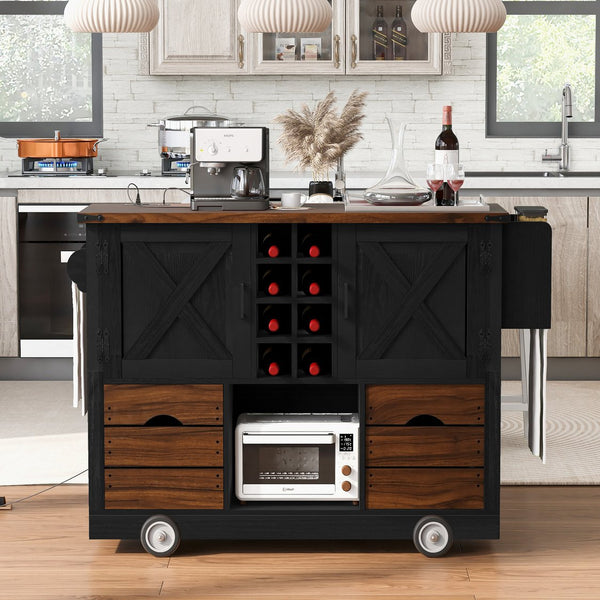 English Elm K&K 54" Farmhouse Kitchen Island Cart with Drop Leaf, Wine Rack, Power Outlet and Rolling Storage Black N707P349814B