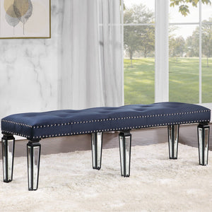 English Elm Dark Navy Velvet Tufted Bench with Mirrored Inlay Legs, Nailhead Trim & Plush Seat for Entryway B062P186458