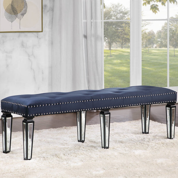 English Elm Dark Navy Velvet Tufted Bench with Mirrored Inlay Legs, Nailhead Trim & Plush Seat for Entryway B062P186458
