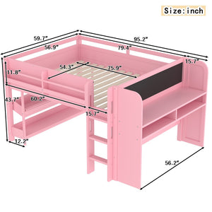 English Elm Twin Low Loft Bed Solid Pine Frame Kids Study Desk Blackboard Storage White Pink W1580S00300
