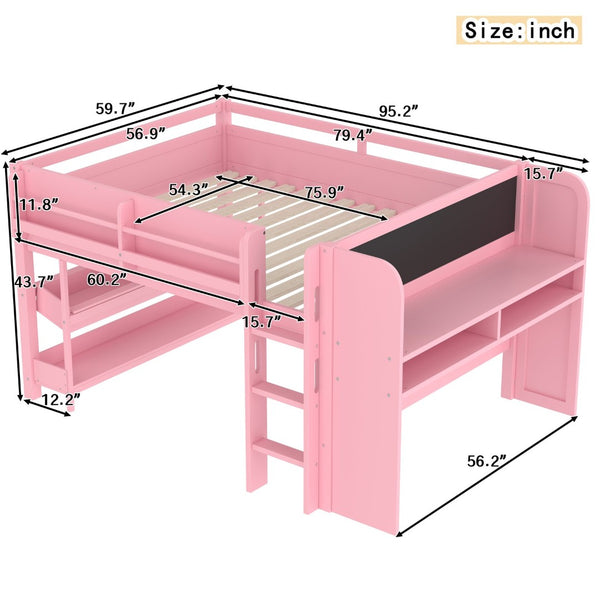 English Elm Twin Low Loft Bed Solid Pine Frame Kids Study Desk Blackboard Storage White Pink W1580S00300
