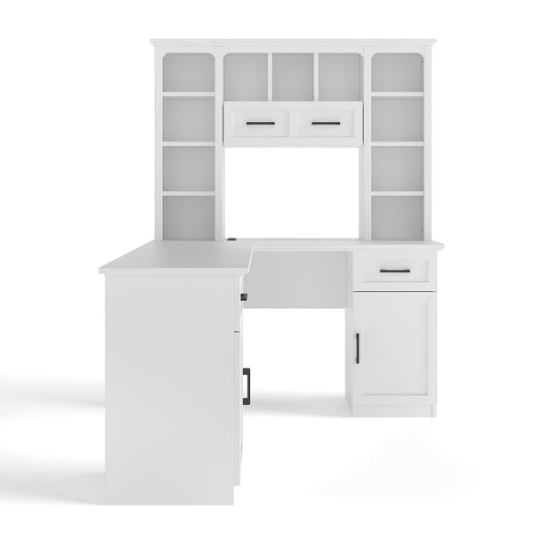 English Elm L-shaped Home Office Desk with Open Shelves Flip Shelf Cabinets and Drawer Storage White W1580S00492