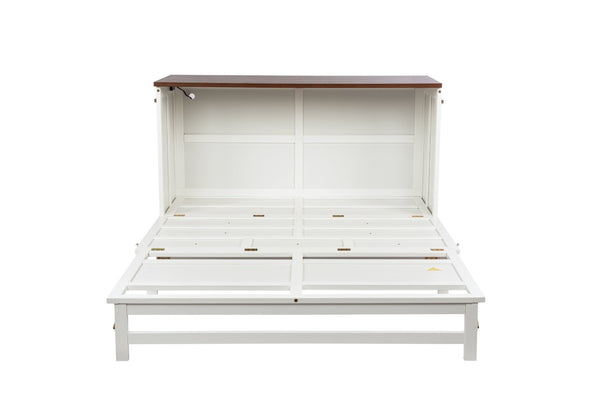 English Elm Murphy Cabinet Queen Bed Solid Pine Frame with Built-in Charging Station for Guest Rooms White+Walnut W504S00193