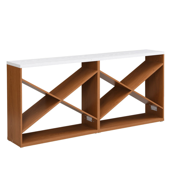 English Elm 70.87 Farmhouse Console Table with X-Frame Design, Detachable Extra-Long Entryway Shelf with Storage and Stable Thick-Plate Construction White W2317P233342