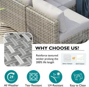 English Elm K&K 8-Piece Patio Conversation Set with 43" 60,000 BTU Propane Fire Pit, UV Wicker & Thick Cushions Grey N707S000012G