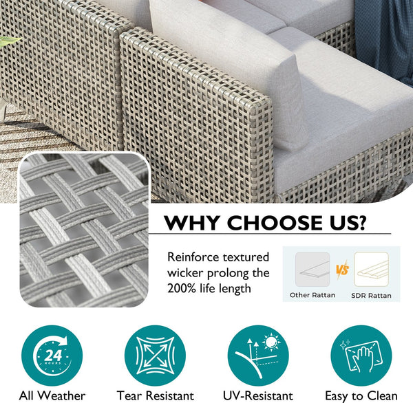 English Elm K&K 8-Piece Patio Conversation Set with 43" 60,000 BTU Propane Fire Pit, UV Wicker & Thick Cushions Grey N707S000012G