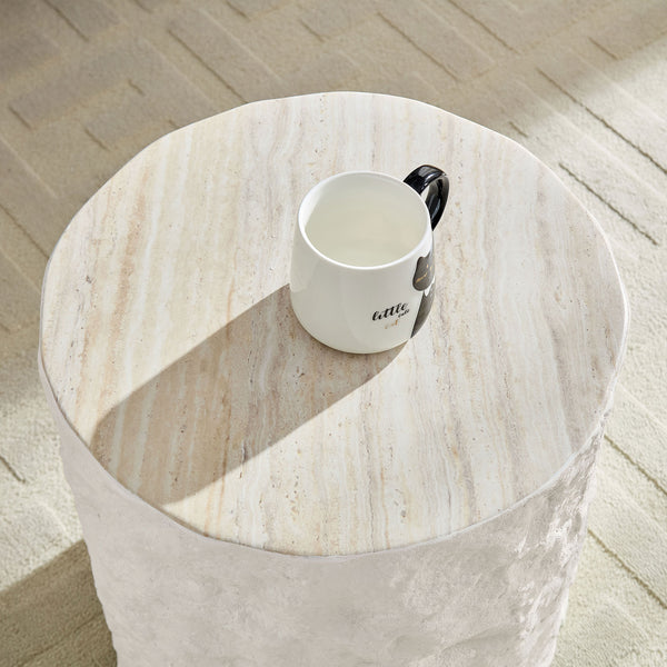English Elm 15.75 Round Side Table Fiberglass Imitation Stone Finish, No Assembly Beige Accent Table for Small Spaces W2582P313968