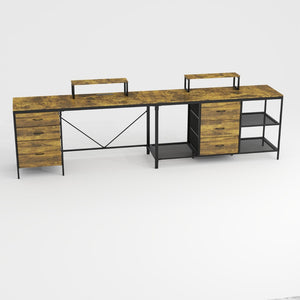 English Elm 114" L-shaped Industrial Gaming Desk with Power Hub 6 Drawers and Rustic Steel Frame T2398P438828