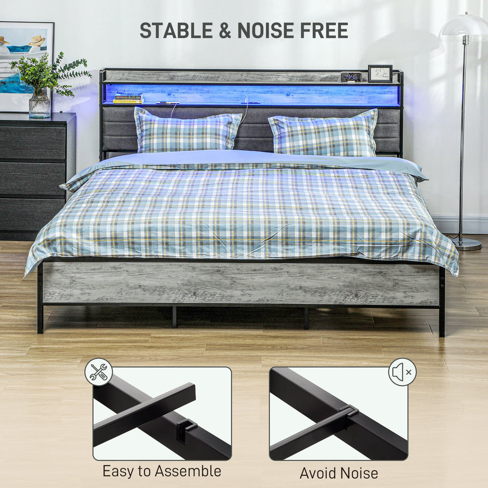 English Elm HOMCOM King Bed Frame with LED RGB Headboard, Charging Station, Under-Bed Storage, Quiet Steel Support W2225P249916