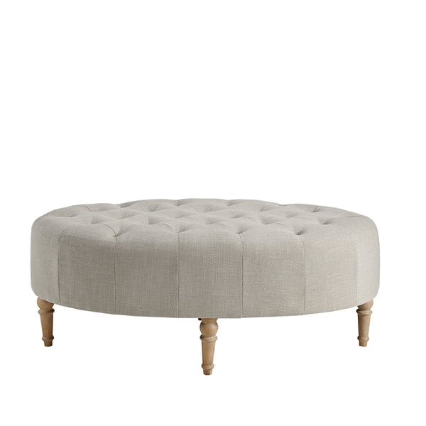 JLA Home Martha Stewart - Accent Oval Clara Ottoman — Linen-Hued Button-Tufted Farmhouse Footrest with Reclaimed Wood Legs, Versatile Decor MT101-0011