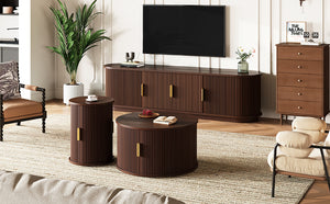 English Elm [Assembly Wooden TV Stand & Coffee Table Set with Fluted Sliding Doors, Golden Handles, Cable Management, Farmhouse Appeal Walnut N721S000053P