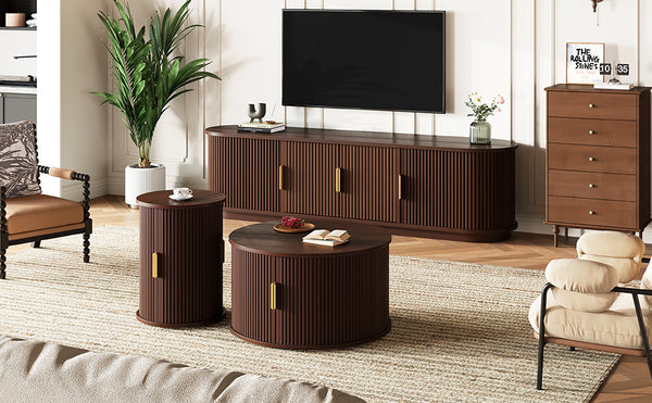 English Elm [Assembly Wooden TV Stand & Coffee Table Set with Fluted Sliding Doors, Golden Handles, Cable Management, Farmhouse Appeal Walnut N721S000053P