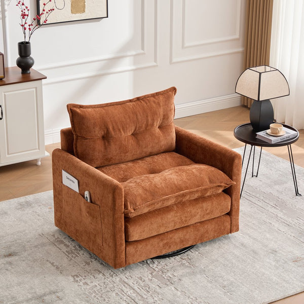 English Elm UNITED Swivel Barrel Chair with Chenille Upholstery, 360° Smooth Rotation, Padded Arm Comfort and Side Pockets for Living Room Relaxation Brown W1568P290084