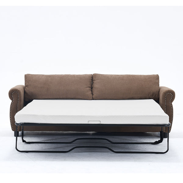 English Elm U_Style Convertible 2-in-1 Sofa Bed Sleeper with Large 63"x70.9" Mattress, Retro Rivet Accent Design Brown W2705S00020