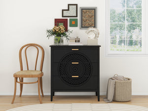 English Elm 3 Drawer Cabinet with Hollow Carved Accents, Solid Pine Feet, Gold Handles & Smooth Metal Slides — Elegant Storage for Entryway Bedroom Living Room Black W688138995