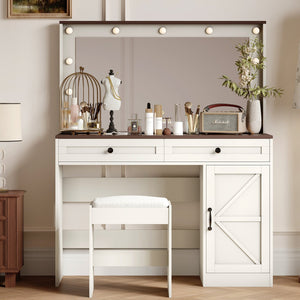 English Elm 43.4"Makeup Vanity Table with Large LED Mirror, Adjustable Brightness, 3 Drawers & Stool for Organized Glam Routine White W2386P199523