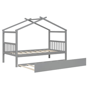 English Elm Twin House Bed Solid Pine Cottage Frame with Pull Out Trundle for Kids Bedroom Gray N708P309238E