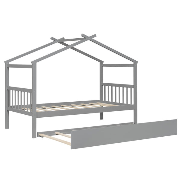English Elm Twin House Bed Solid Pine Cottage Frame with Pull Out Trundle for Kids Bedroom Gray N708P309238E