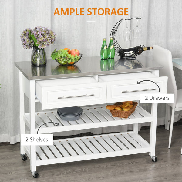 English Elm HOMCOM Rustic Farmhouse Kitchen Island Cart with Stainless Steel Top, 2 Drawers, Shelves & Wheels W2225P173899