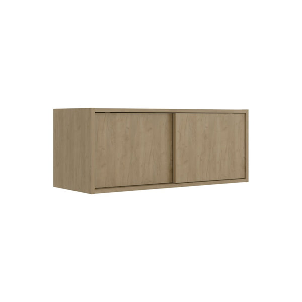 English Elm Note Floating Wall Cabinet Sliding Doors Slim Enclosed Storage for Office or Bedroom Natural Wood B200P462887