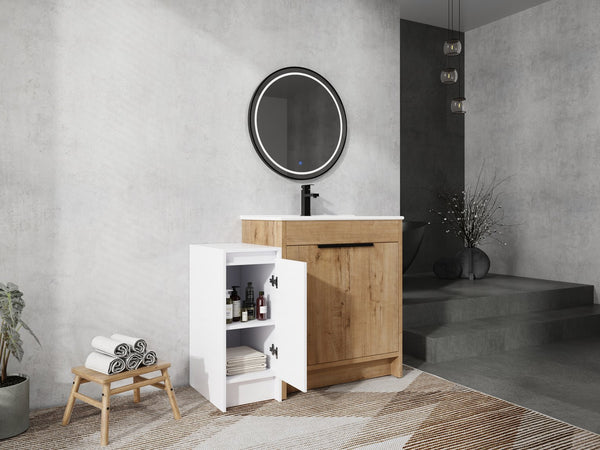 English Elm 42 Inch Freestanding Bathroom Vanity With Ceramic Sink, Soft-Close Doors & Ample Storage Solutions W999S00309