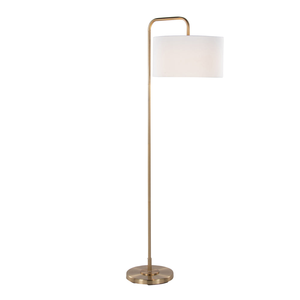 English Elm Puck 63.75" Contemporary Gold Metal Floor Lamp with White Linen Drum Shade, Arched Base & Switch B202P223989